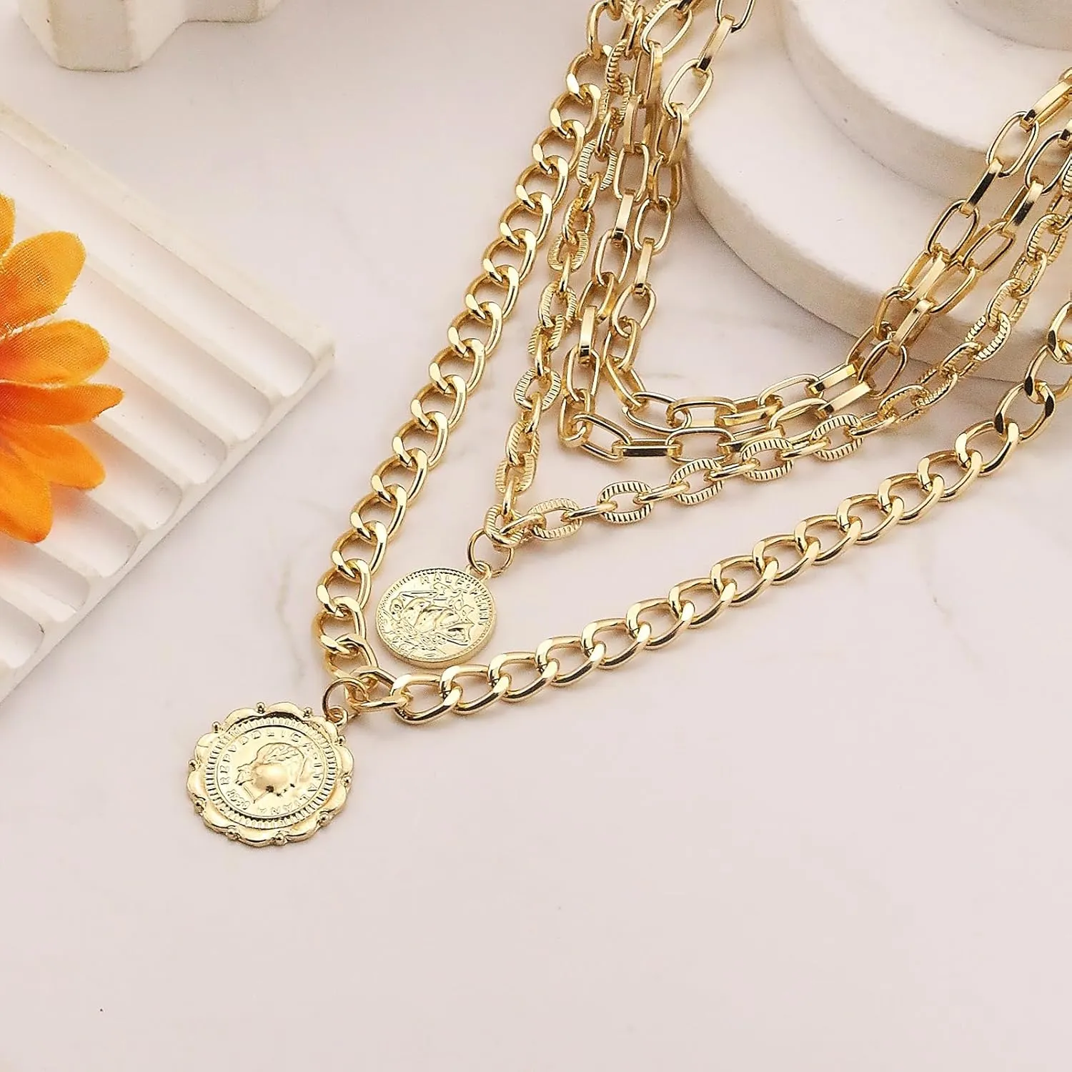 Gold Layered Necklaces for Women Pirate Accessories Necklace Stacked Chunky Gold Necklace Gold Coin Pendant Charm Necklace Women Dainty Choker Necklaces Set Jewelry