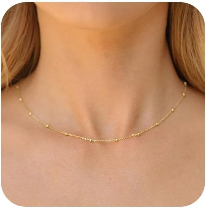 Gold Necklace for Women- 18K Dainty Choker Necklace for Women Simple Gold Necklaces Shining Dots Box Chain Sparkle Necklaces Cute Paperclip Link Herringbone Trendy Jewelry