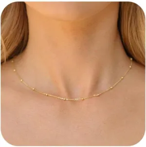 Gold Necklace for Women- 18K Dainty Choker Necklace for Women Simple Gold Necklaces Shining Dots Box Chain Sparkle Necklaces Cute Paperclip Link Herringbone Trendy Jewelry