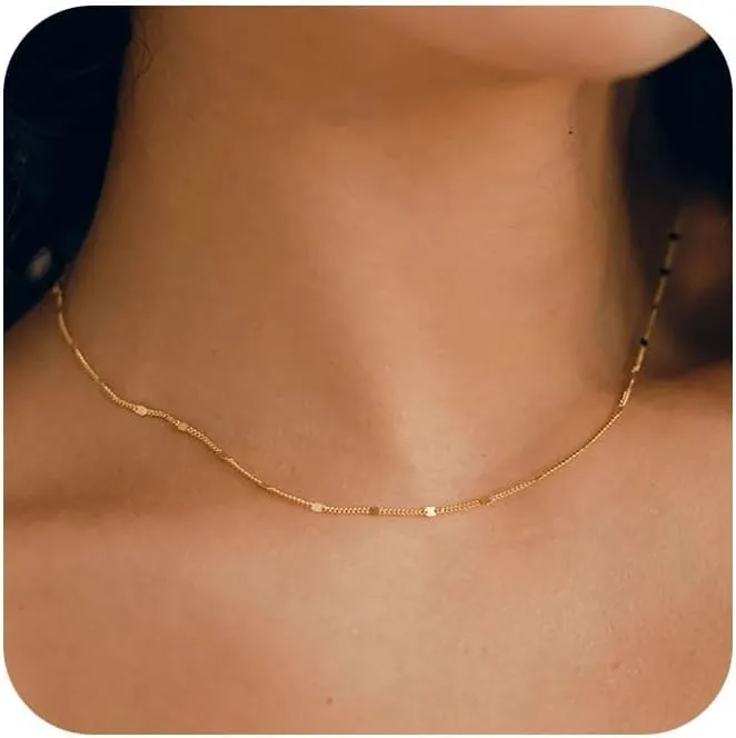 Gold Necklace for Women- 18K Dainty Choker Necklace for Women Simple Gold Necklaces Shining Dots Box Chain Sparkle Necklaces Cute Paperclip Link Herringbone Trendy Jewelry