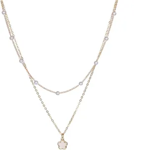 Gold Necklaces for Women Stackable Trendy Choker Pearl Chain Set Five-Leaf Clover Pendant Necklaces Fashion Jewelry for Women