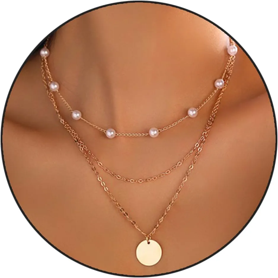 Gold Necklaces for Women Trendy, Gold Layered Dainty Choker Necklaces Coin/Pearl/Bar Pendant Simple Necklace Jewelry Gifts