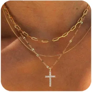 Gold Necklaces for Women,Layered Stackable Dainty 18K Gold Plated Trendy Circle Paperclip Chain Pendant Choker Necklace,Simpl Diamond Cross Jewelry Set Gifts for Women