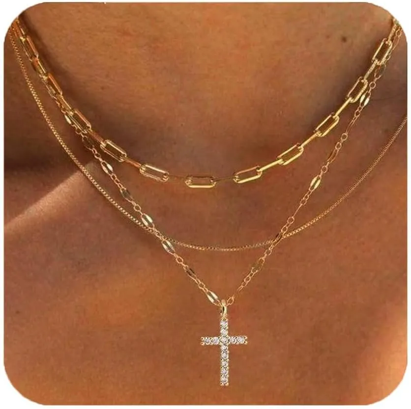 Gold Necklaces for Women,Layered Stackable Dainty 18K Gold Plated Trendy Circle Paperclip Chain Pendant Choker Necklace,Simpl Diamond Cross Jewelry Set Gifts for Women