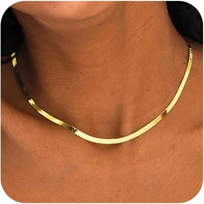 Gold Necklaces for Women,Trendy Gold Herringbone Necklace Dainty 14K Gold Plated Herringbone Minimalist Choker Snake Chain Necklace Jewelry for Gifts
