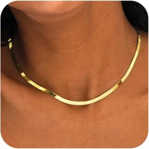 Gold Necklaces for Women,Trendy Gold Herringbone Necklace Dainty 14K Gold Plated Herringbone Minimalist Choker Snake Chain Necklace Jewelry for Gifts