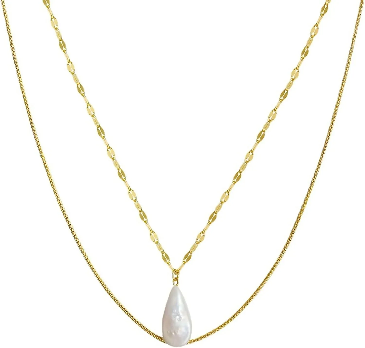 Gold Necklaces,925 Sterling Silver Necklaces for Womens Double Layer with Pearl Womens Pendant Necklaces Gold