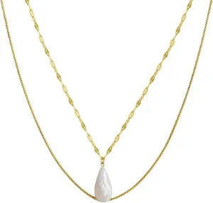 Gold Necklaces,925 Sterling Silver Necklaces for Womens Double Layer with Pearl Womens Pendant Necklaces Gold