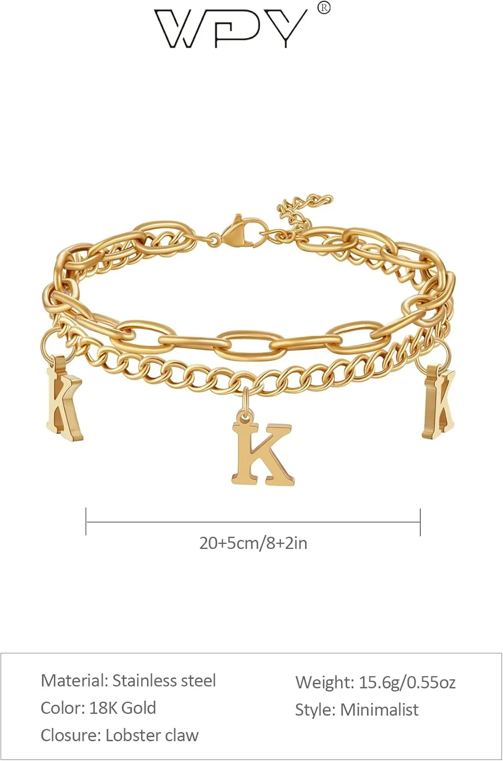 Gold Plated Initial Charm Bracelet, Women Stainless Steel A-Z Alphabet Name Letter Link Chain Bracelets Personalized Gift- Box Packed