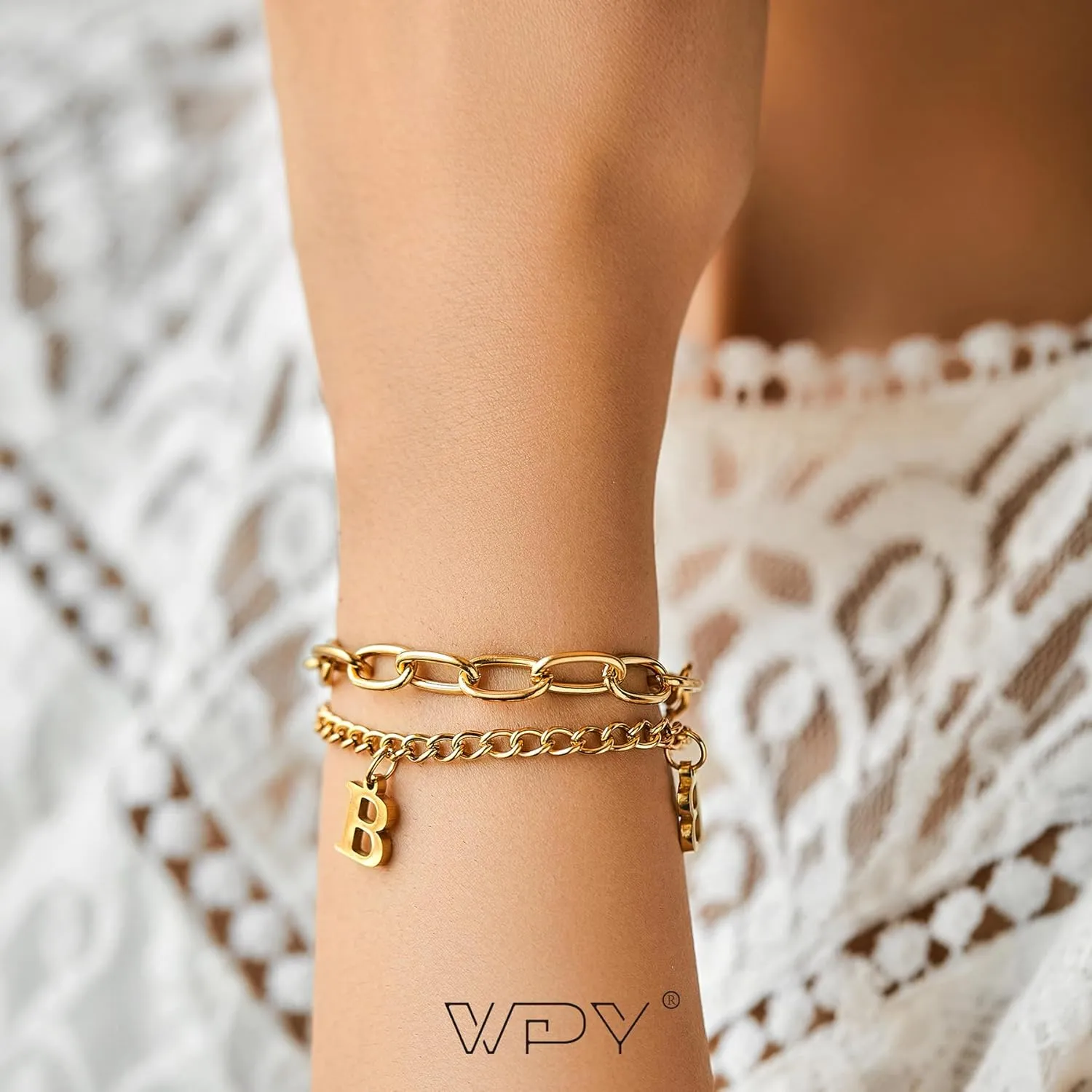 Gold Plated Initial Charm Bracelet, Women Stainless Steel A-Z Alphabet Name Letter Link Chain Bracelets Personalized Gift- Box Packed
