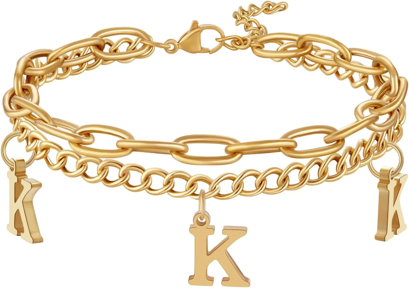 Gold Plated Initial Charm Bracelet, Women Stainless Steel A-Z Alphabet Name Letter Link Chain Bracelets Personalized Gift- Box Packed
