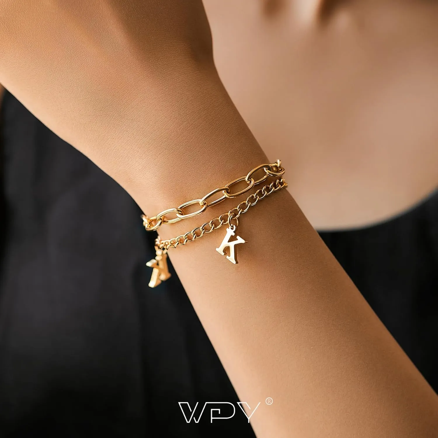 Gold Plated Initial Charm Bracelet, Women Stainless Steel A-Z Alphabet Name Letter Link Chain Bracelets Personalized Gift- Box Packed