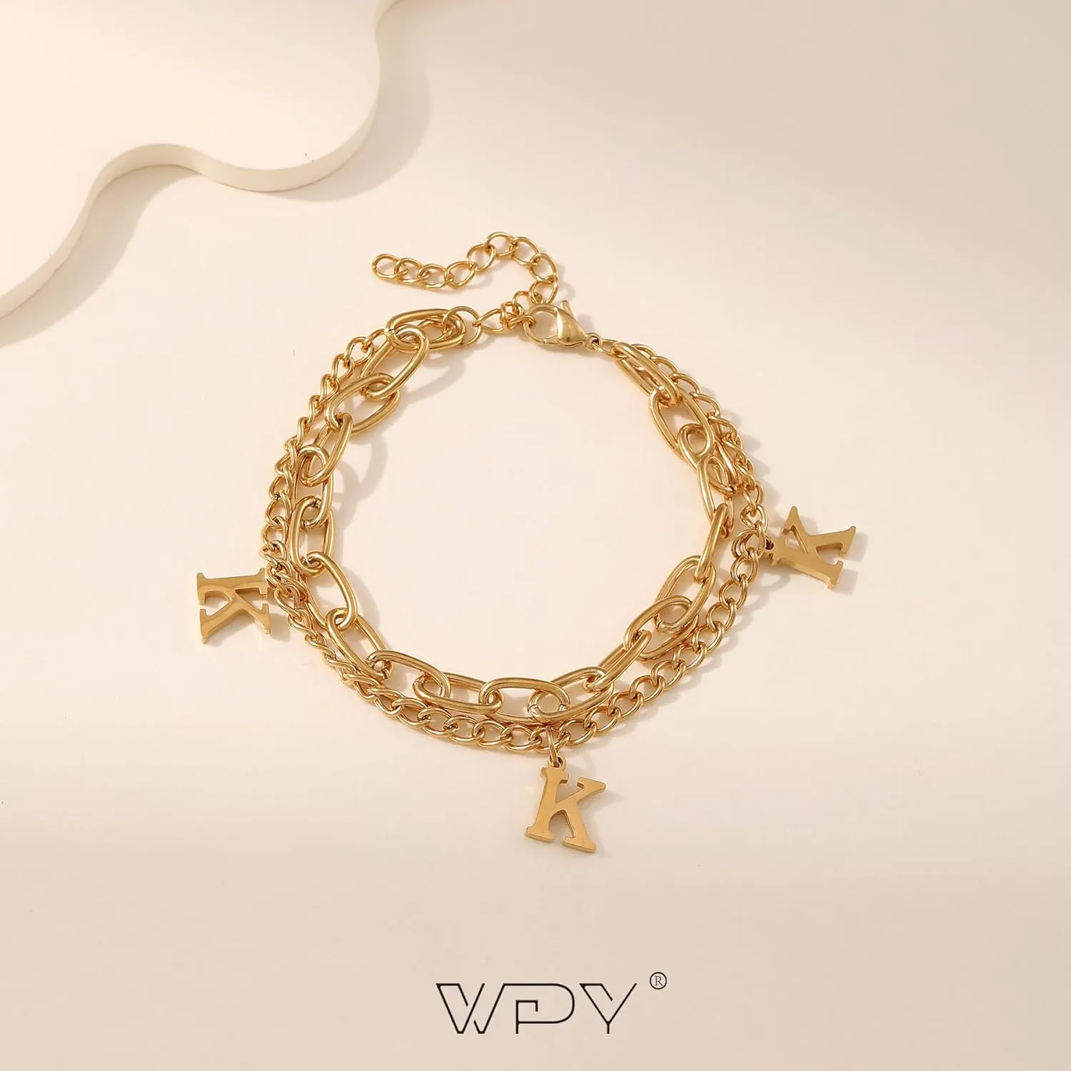 Gold Plated Initial Charm Bracelet, Women Stainless Steel A-Z Alphabet Name Letter Link Chain Bracelets Personalized Gift- Box Packed