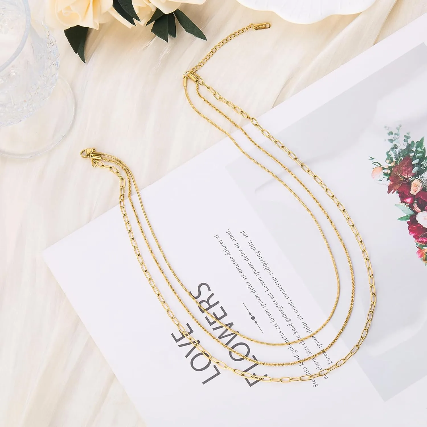 Gold Plated Stainless Steel Layered Choker Necklace Jewelry Gift for Women