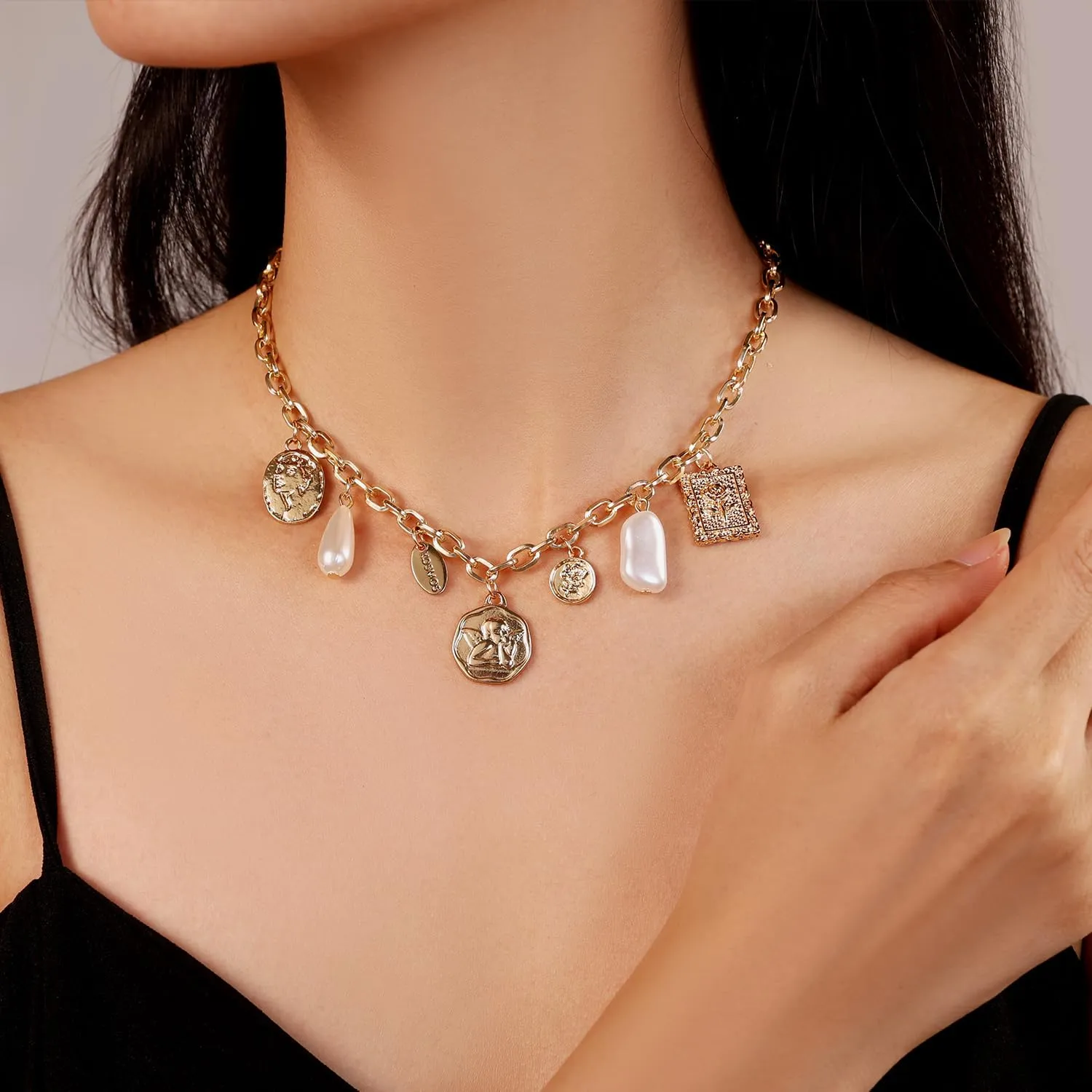 Gold Protection Necklace with Multi-Charm Luck Pendent and Third Eye Charm