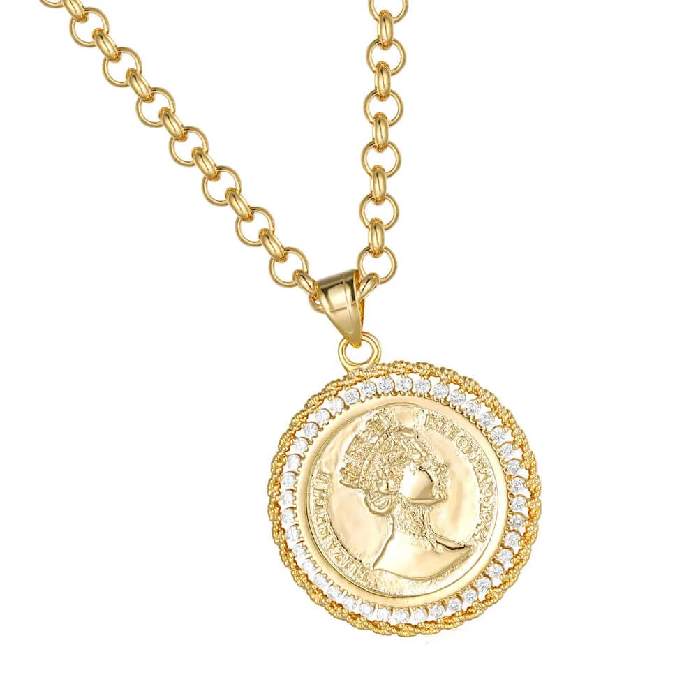Gold Royal Queen Coin Pendant with Stones 22 Inch 4mm Belcher Chain