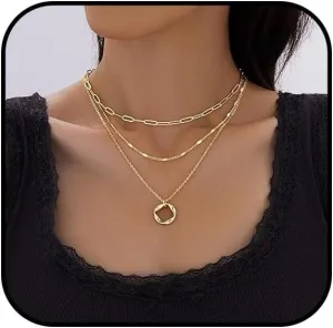 Gold Stacked Necklace for Women Paper Clip Necklace 14k Gold Plated Layered Gold Necklace Square Round Pendant Simple Fashion Pendant Necklace Women's Jewelry Collection