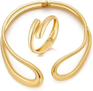 Gold Teardrop Cuff Bangle Bracelet and Chunky Gold Choker Necklace