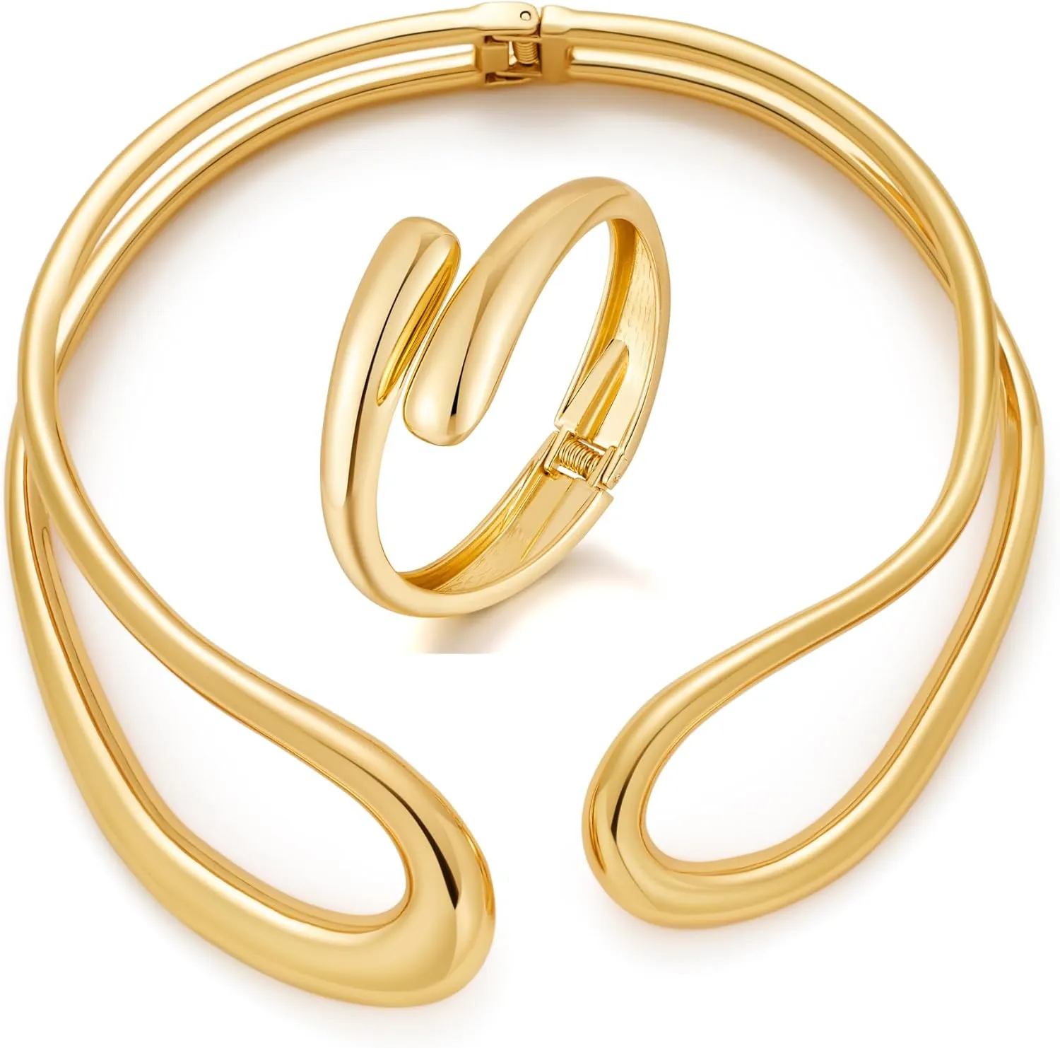 Gold Teardrop Cuff Bangle Bracelet and Chunky Gold Choker Necklace