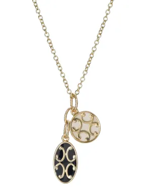 Gold-Tone Horseshoe Filigree Small White Circular & Black Oval Enamel Pendant Charm Necklace