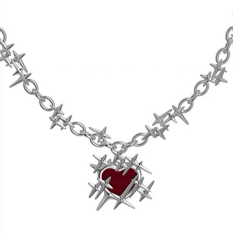 Gothic Red Thorns Love Heart Necklace and Earrings Set