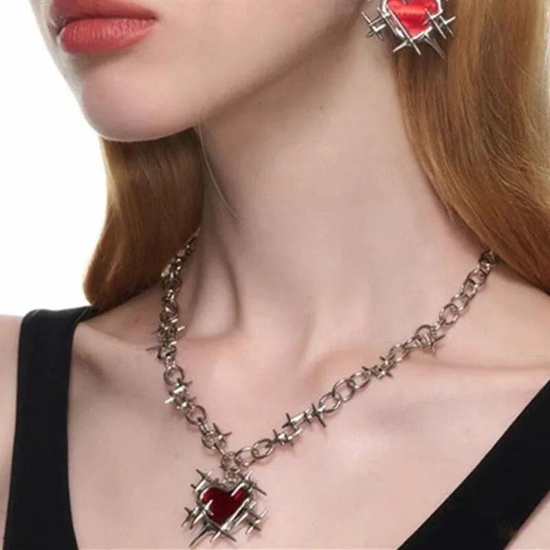 Gothic Red Thorns Love Heart Necklace and Earrings Set