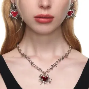Gothic Red Thorns Love Heart Necklace and Earrings Set
