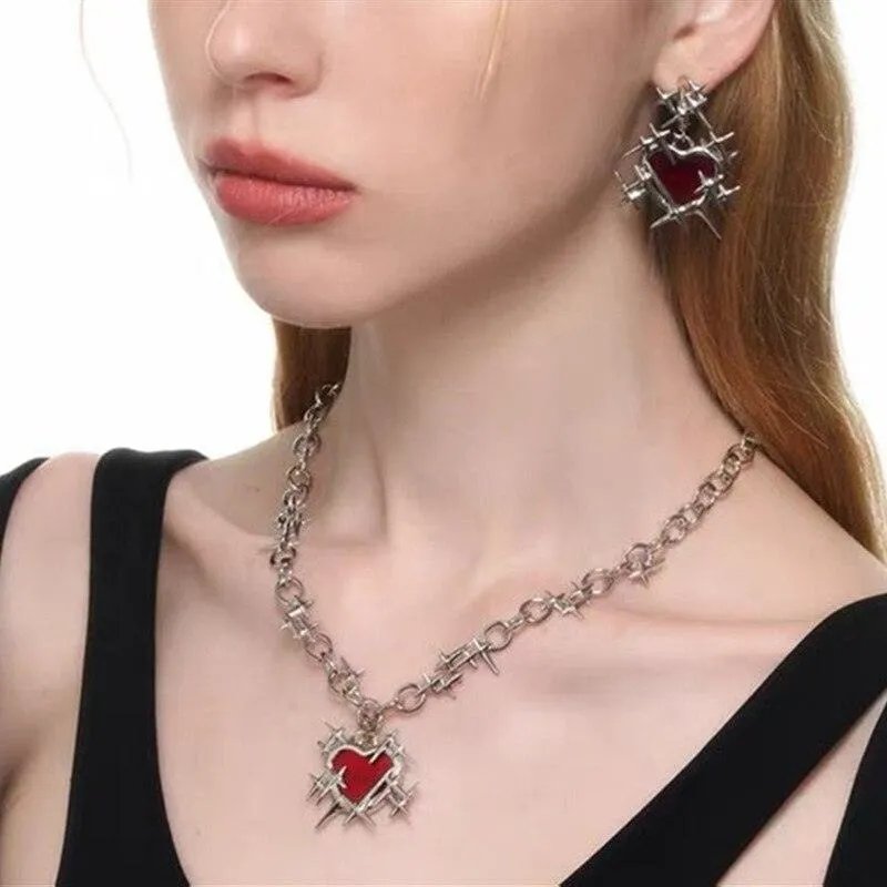 Gothic Red Thorns Love Heart Necklace and Earrings Set