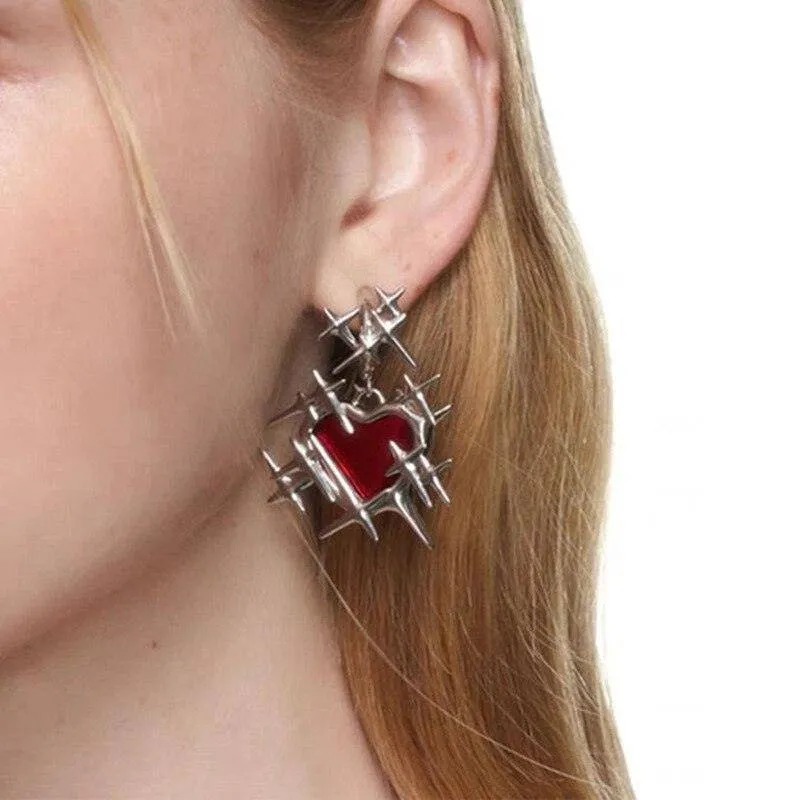 Gothic Red Thorns Love Heart Necklace and Earrings Set