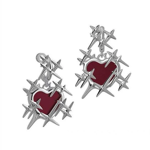 Gothic Red Thorns Love Heart Necklace and Earrings Set