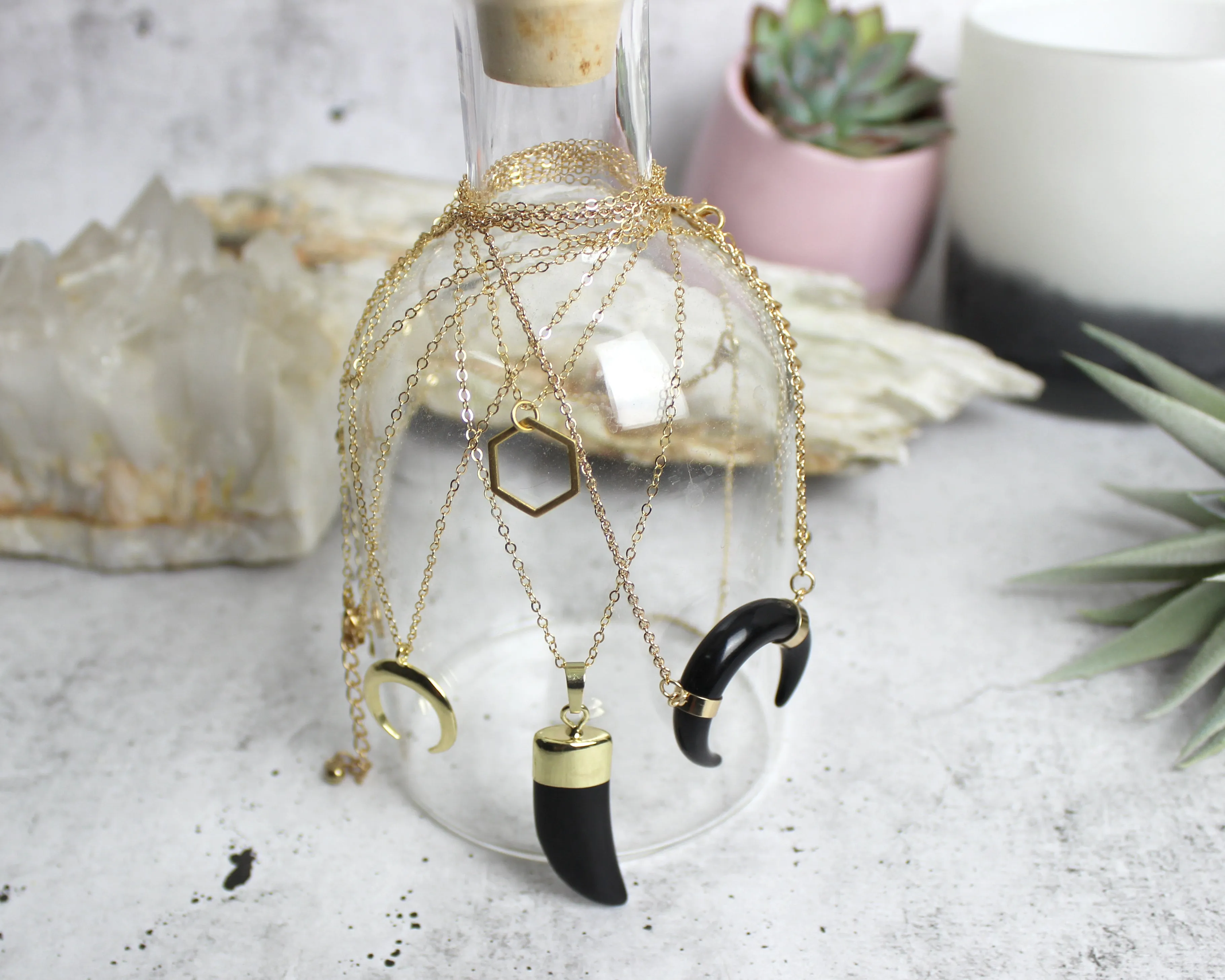 Grab Life by the Horn // Black or White Crescent Horn Necklace, Gold Filled Chain // BH-N003