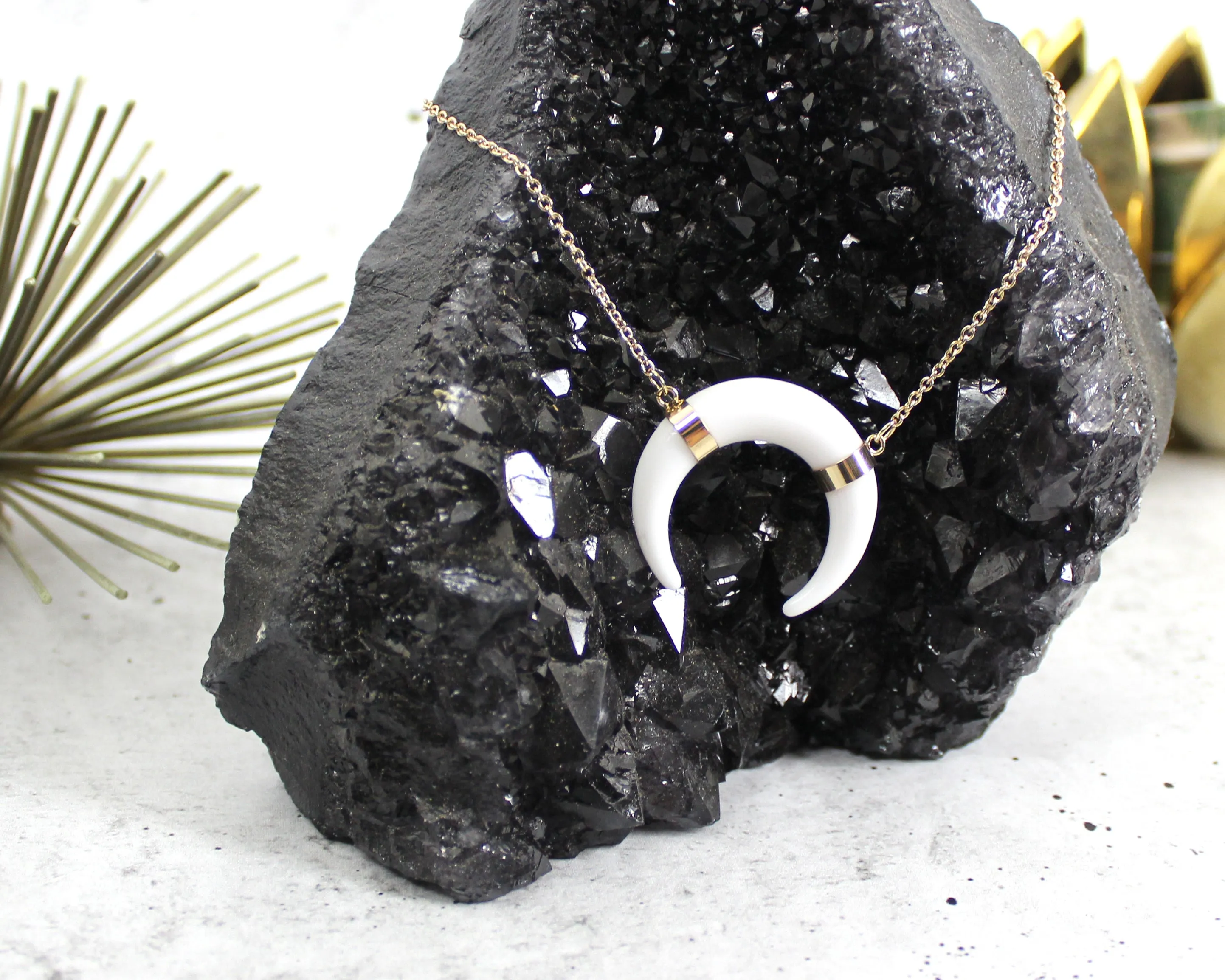 Grab Life by the Horn // Black or White Crescent Horn Necklace, Gold Filled Chain // BH-N003