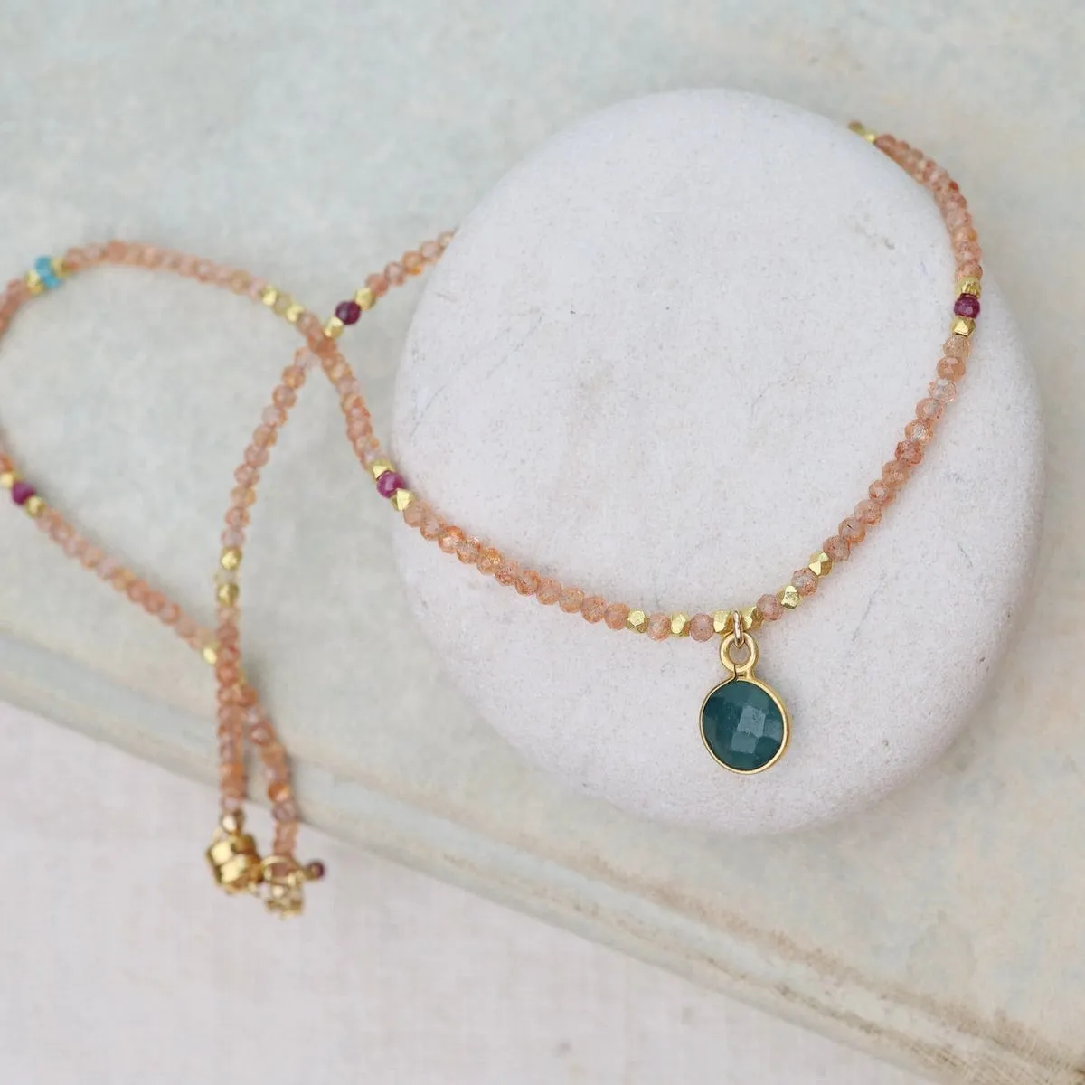 Grandidierite Coin On Sunstone Mix Necklace