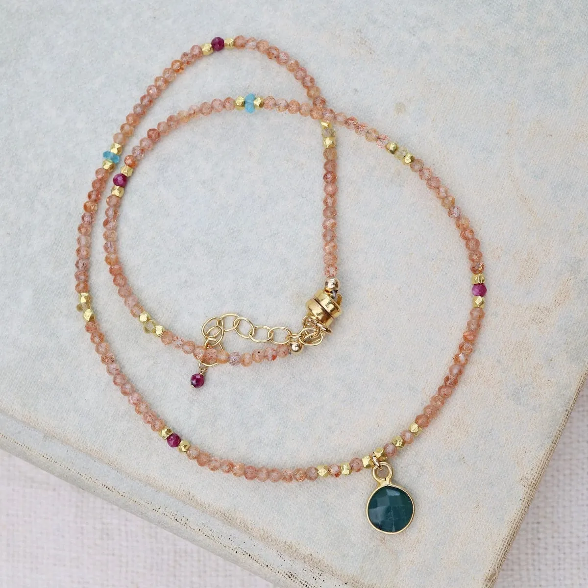 Grandidierite Coin On Sunstone Mix Necklace