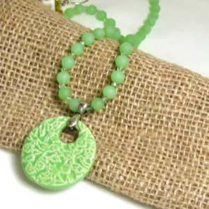 Green Sea Glass Bead Necklace with Swazi  Pendant
