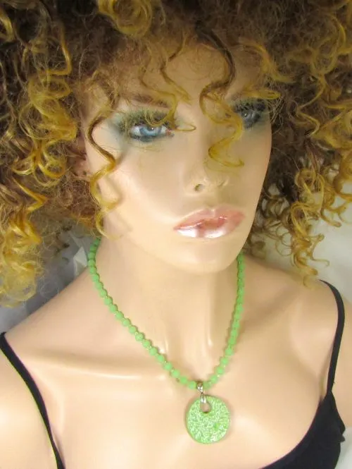 Green Sea Glass Bead Necklace with Swazi  Pendant