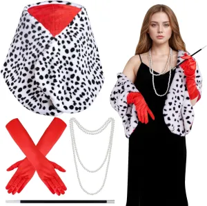 Halloween Dalmatian Costume Set, Dalmatian Shawl Scarf Stole, 1920s Red Glove, Faux Pearls Necklace for Halloween Costumes Woman 2024