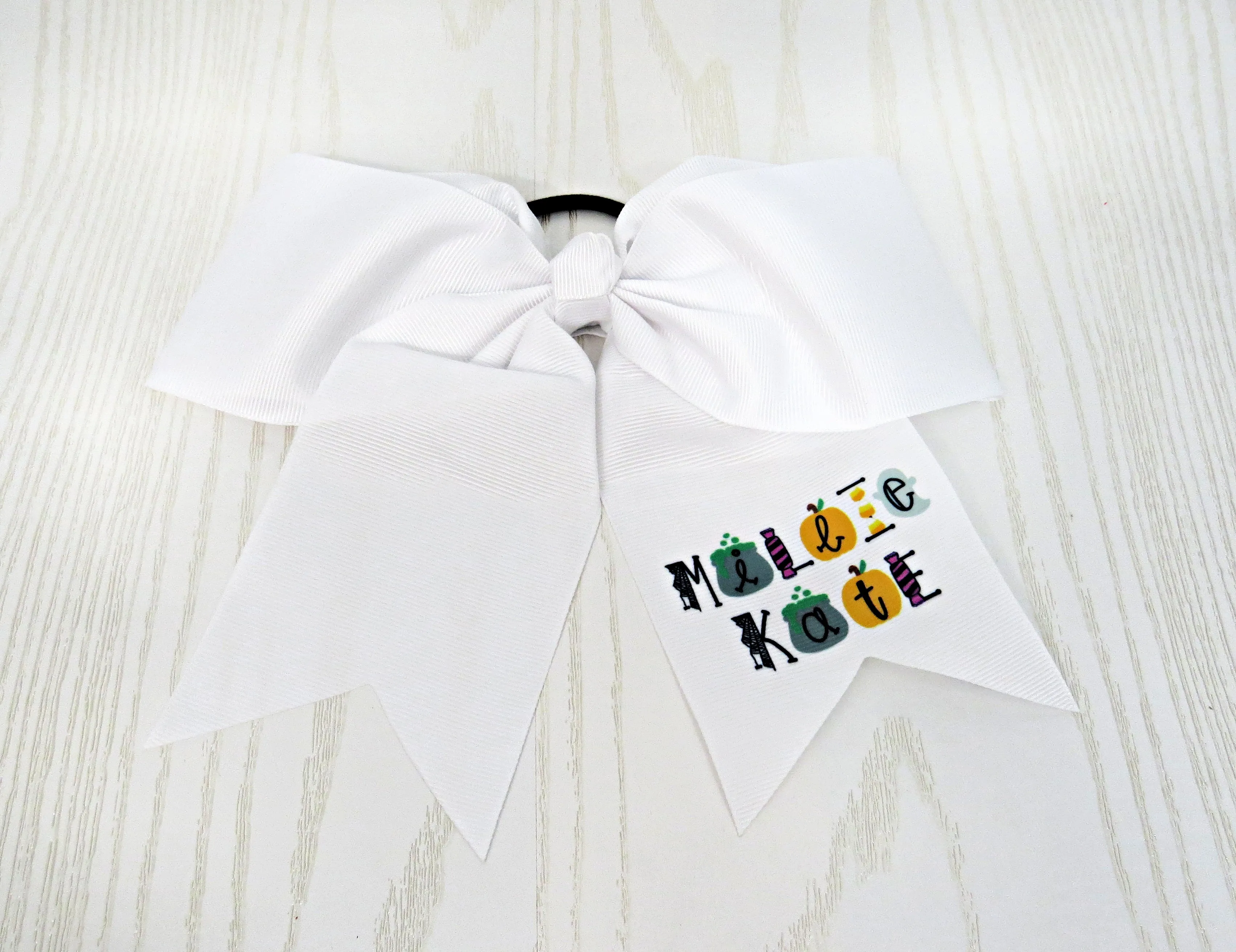 Halloween Personalized Hair Bow for Girls - Boo Hair Tie Accessory- Custom White Preppy Bow Trick or Treat - Cheer 8" Bow - Ribbon