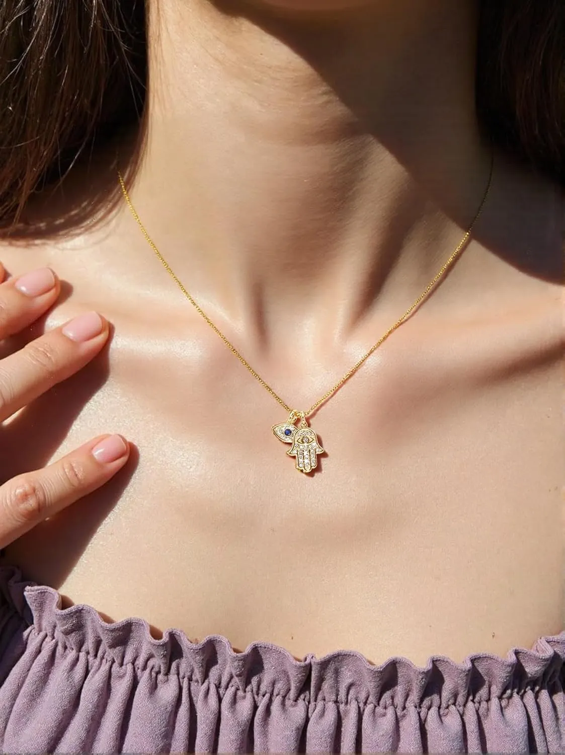 Hamsa & Evil Eye Necklace - Double Pendant Necklace for Women 18k Gold Plated Hamsa Necklace Evil Eye Necklace Dainty Gold Necklace for Women