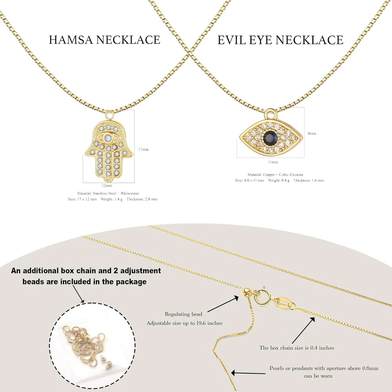 Hamsa & Evil Eye Necklace - Double Pendant Necklace for Women 18k Gold Plated Hamsa Necklace Evil Eye Necklace Dainty Gold Necklace for Women