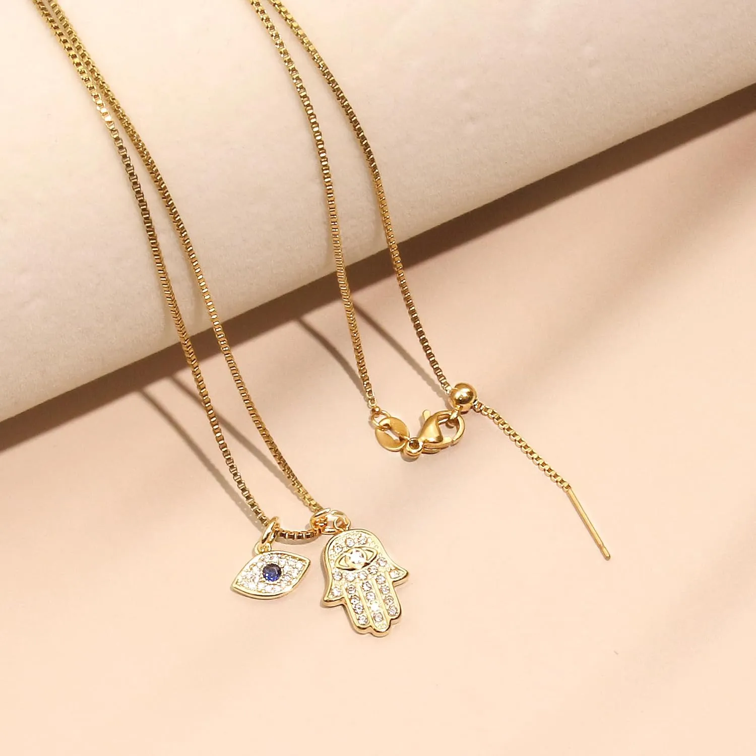 Hamsa & Evil Eye Necklace - Double Pendant Necklace for Women 18k Gold Plated Hamsa Necklace Evil Eye Necklace Dainty Gold Necklace for Women