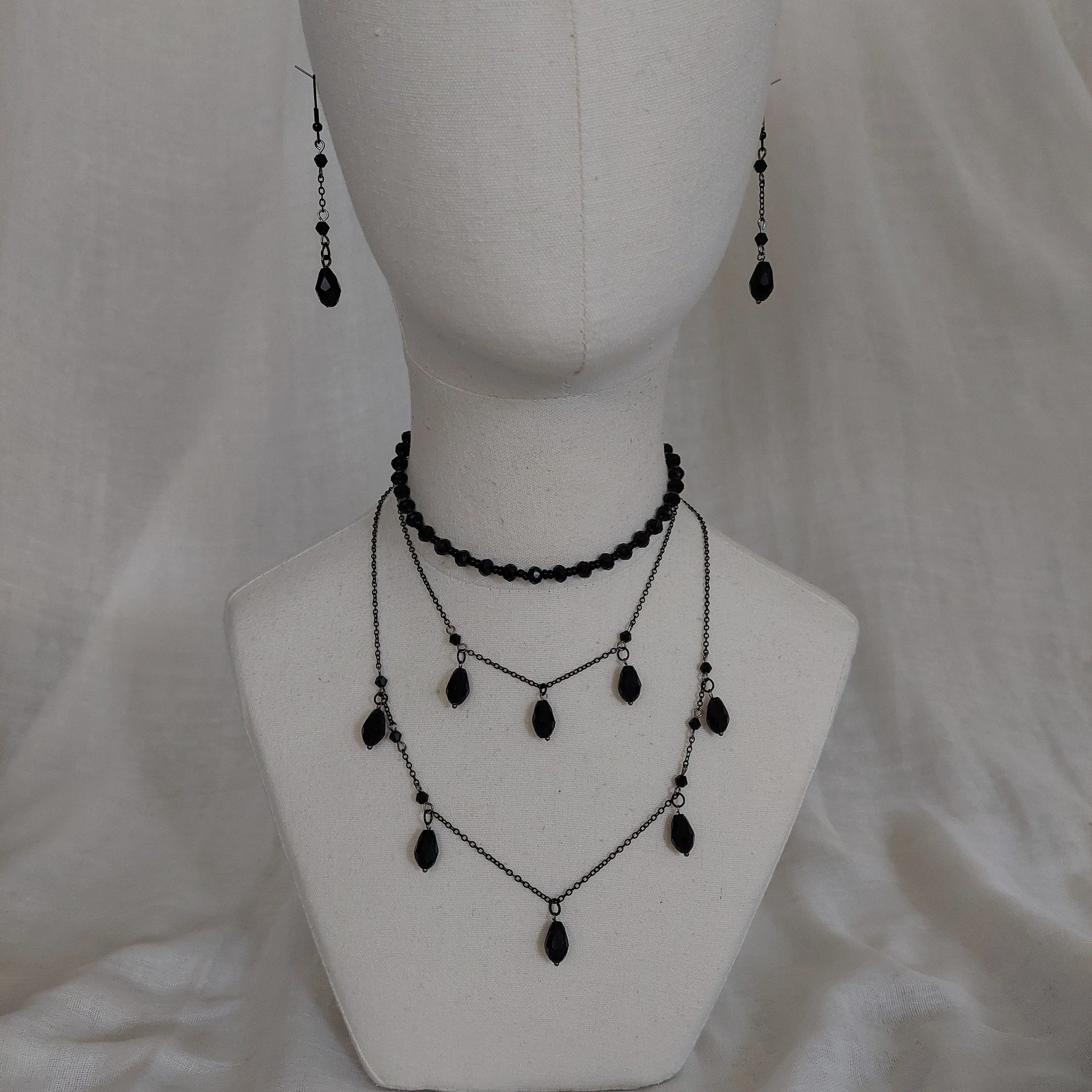 Handmade black  jewelry set  with gun metal color chain and black glass beads