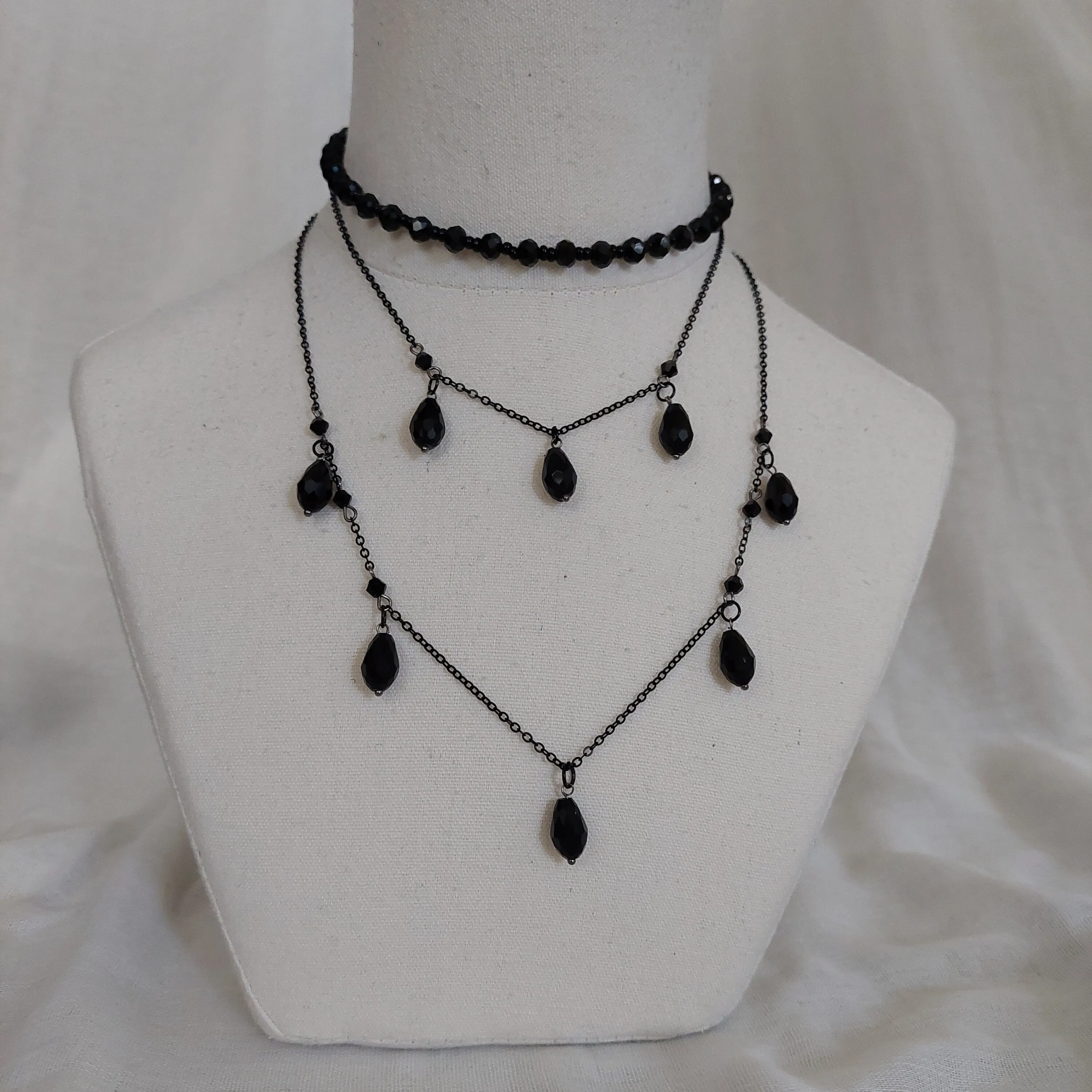 Handmade black  jewelry set  with gun metal color chain and black glass beads