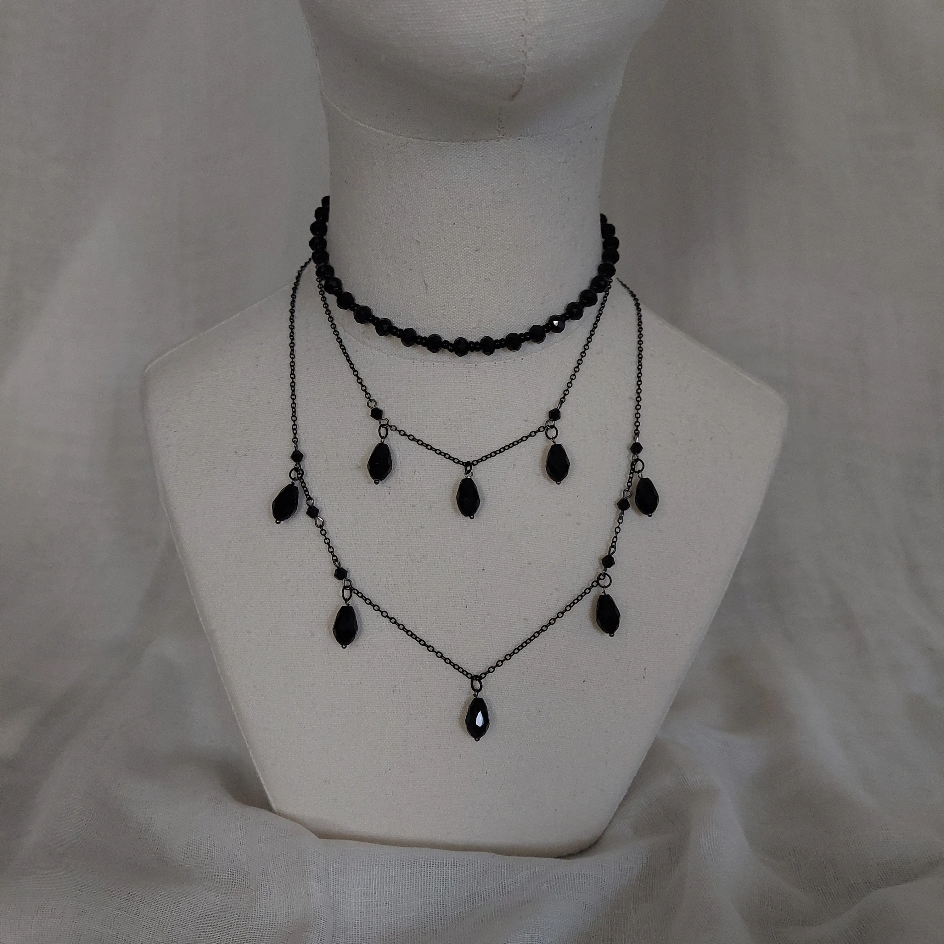 Handmade black  jewelry set  with gun metal color chain and black glass beads