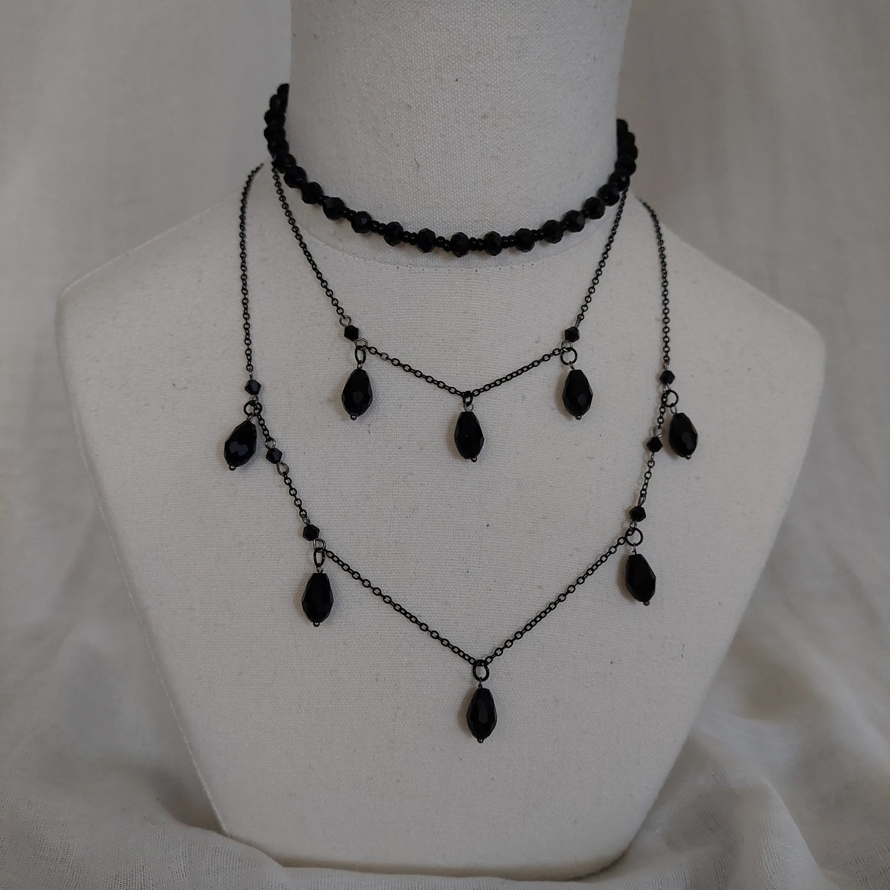 Handmade black  jewelry set  with gun metal color chain and black glass beads