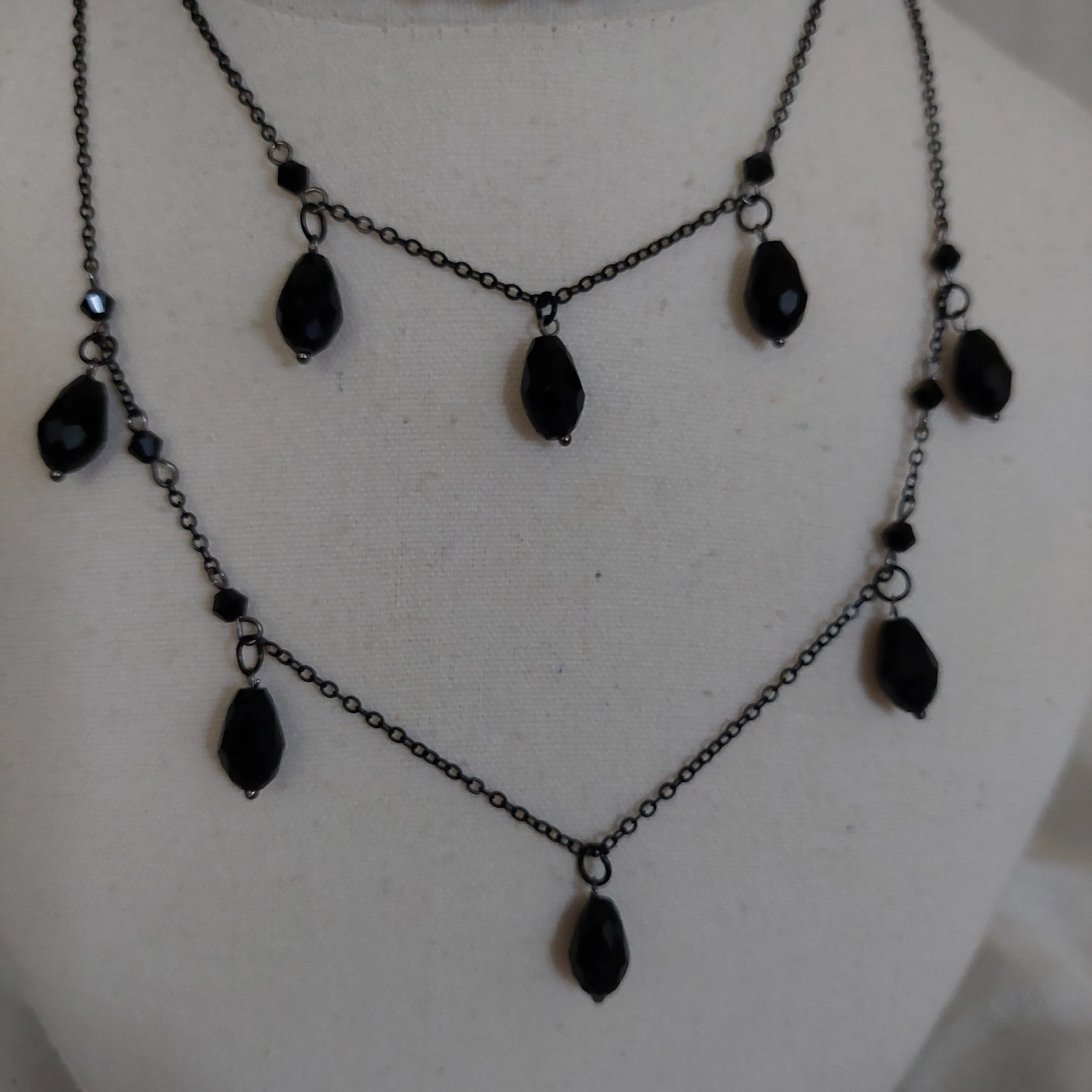 Handmade black  jewelry set  with gun metal color chain and black glass beads