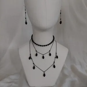 Handmade black  jewelry set  with gun metal color chain and black glass beads