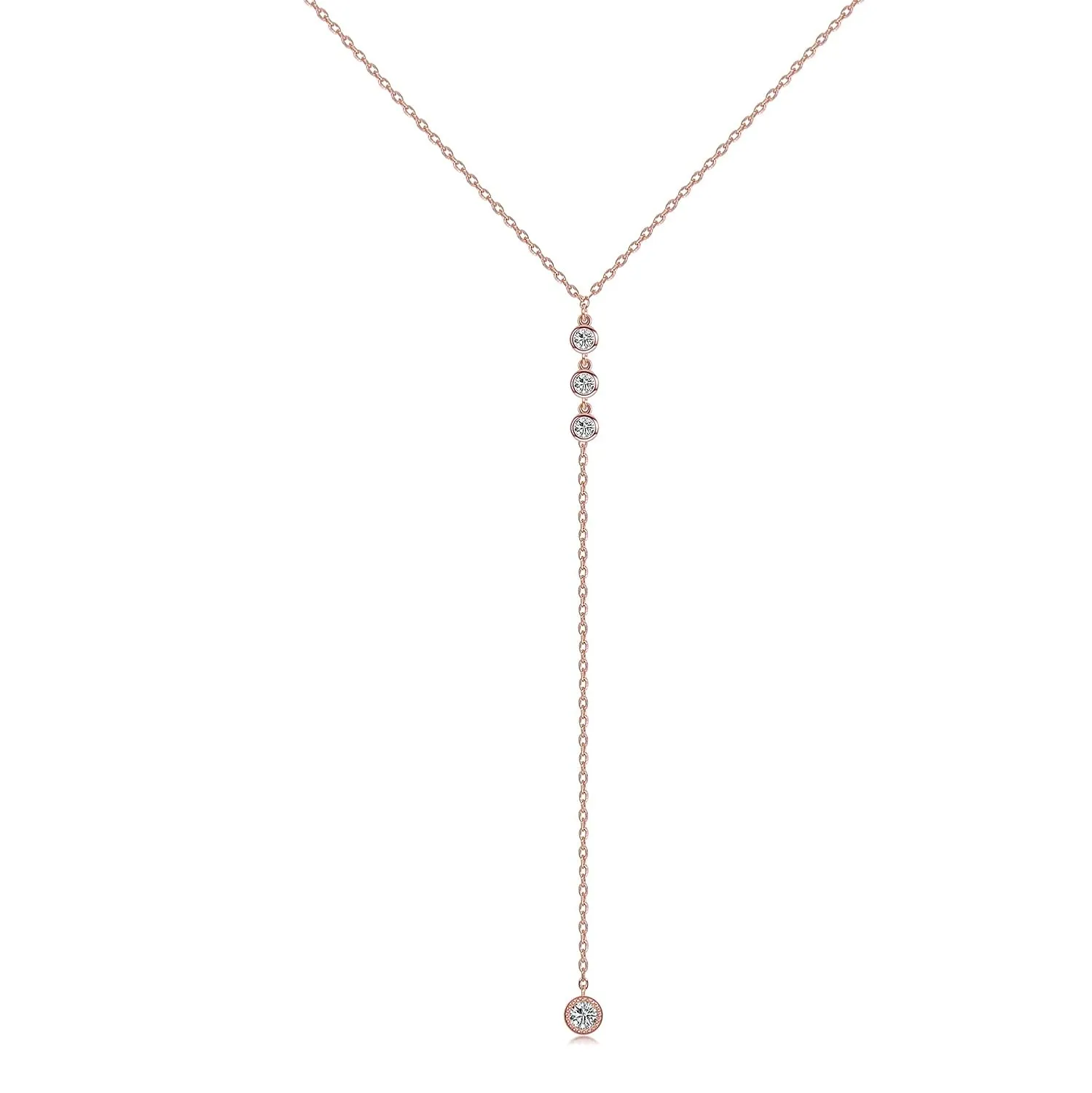 Handmade Sterling Silver Lariat Necklace, Simulated Diamond Dainty Drop Y Chain Necklace for Women (Round diamonds-Rose Gold)