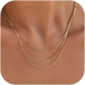 HANLI Layered Necklaces for Women 14K Gold Plated Dainty Layer Paper Clip Herringbone Necklaces Simple Satellite Box Chain Necklace Minimalist Everyday Jewelry