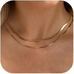 HANLI Layered Necklaces for Women 14K Gold Plated Dainty Layer Paper Clip Herringbone Necklaces Simple Satellite Box Chain Necklace Minimalist Everyday Jewelry